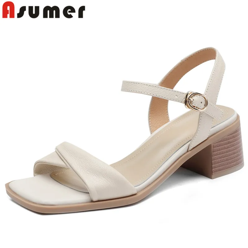 

ASUMER 2024 New Concise Ladies Summer Shoes Buckle Genuine Leather Sandals Woman Square Med Heels Dress Sandals