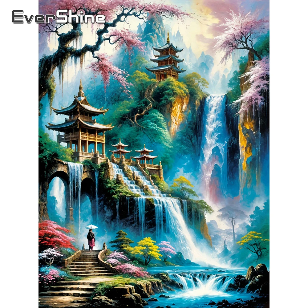 EverShine Diamant-Gemälde „Wasserfall“ zum Selbermachen, Bild mit Strass-Stickerei, Landschaft, voller quadratischer Bohrer, Mosaik-Turm-Dekoration für Zuhause