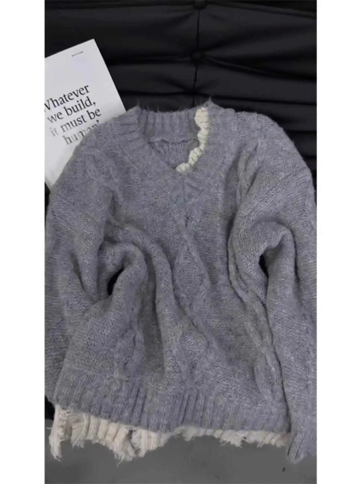 Women Grey Patchwork Pullover Cashmere Sweater Harajuku Y2k Long Sleeves V-Neck Sweaters Jumper Korean Vintage 2000s Clothes New