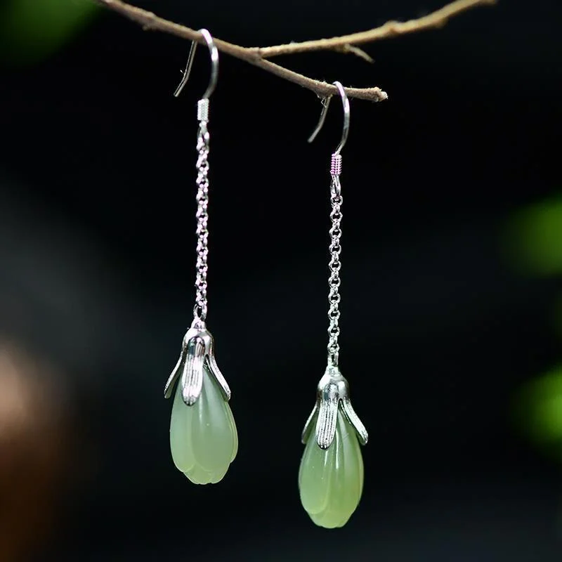 Romantic Long Jade Flower Bud Drop Earrings Female Jewelry Beautiful Earline Earrings Silver 925 Hooks Women Ear Accessories