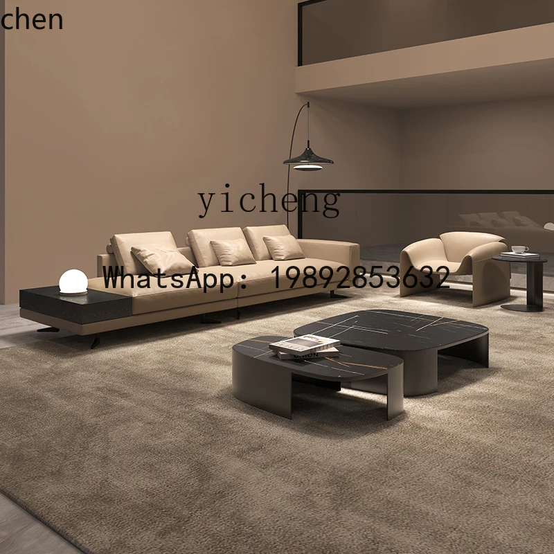 HT leather sofa first layer cowhide living room minimalist three-person straight row table