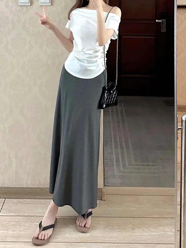 Gonna a trapezio europea leggera di dimensioni estese per donne alte Estate New Sle Versatile drappeggiato a vita alta Taglio dritto