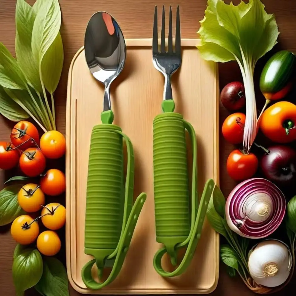 Anti-Shake Stainless Steel Fork and Spoon Ergonomic Portable Food Aid Spoon Safe Feeding Silicone Handle