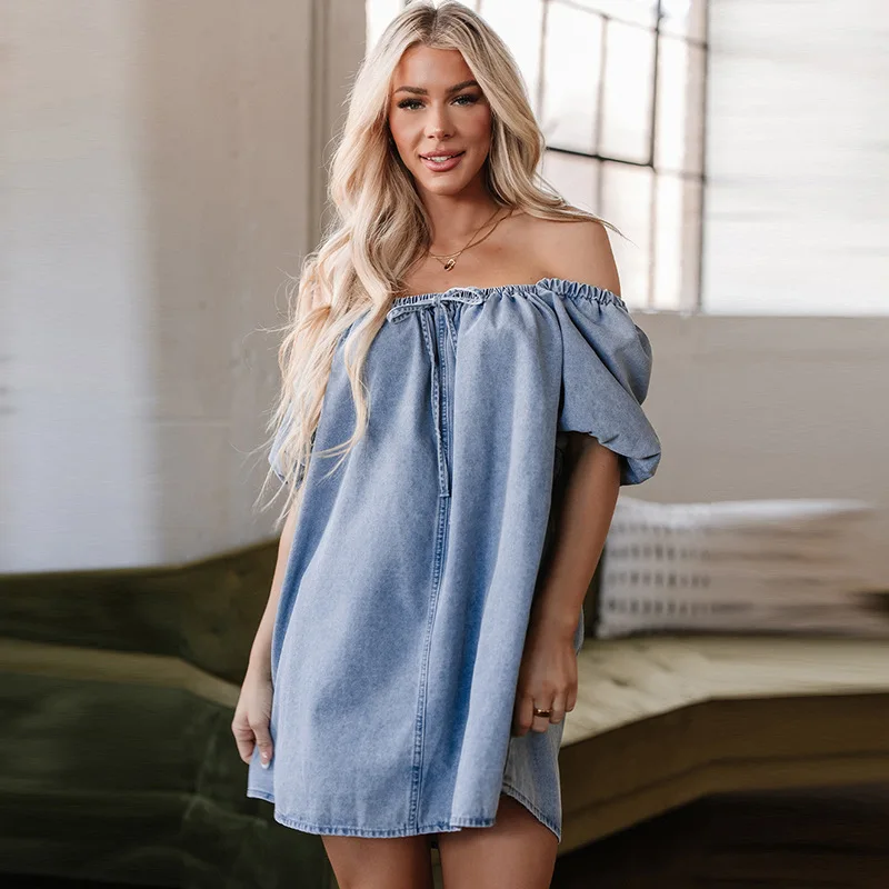 

New Solid Color Denim Short Skirt Women European American fashion Trendy Pleated Lace-up Dress Women Factory Direct