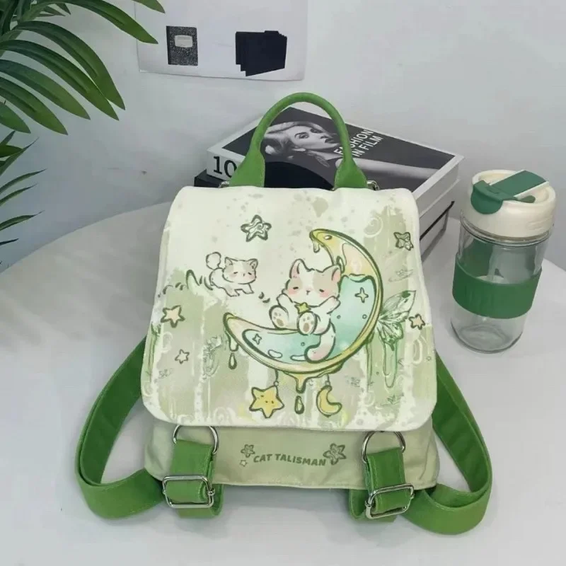 MBTI Cute Cartoon Womens Backpack Green Fashion Cartoon Print Casual Bags Kawaii Canvas Zips Female Backpack Trend 2024