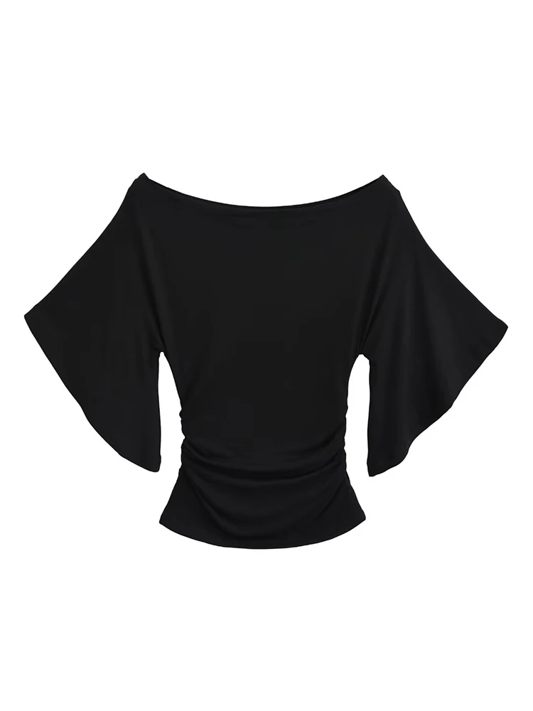 Summer Korean Style Women's Slim Fit Top with Sexy Bat Sleeves Off-Shoulder T-Shirt Slanted Collar Solid Color Waistband