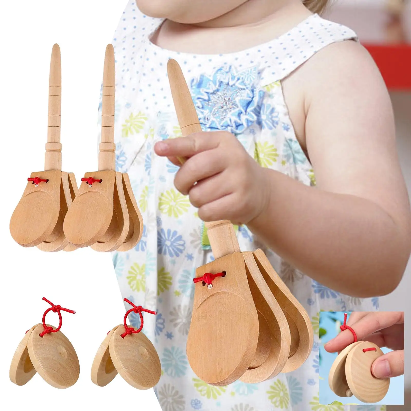 

4Pcs Wood Castanets Clapper Board Music Teaching Aids DIY Rhythm Toys Preschool Finger Castanets for Children Kids Toddlers