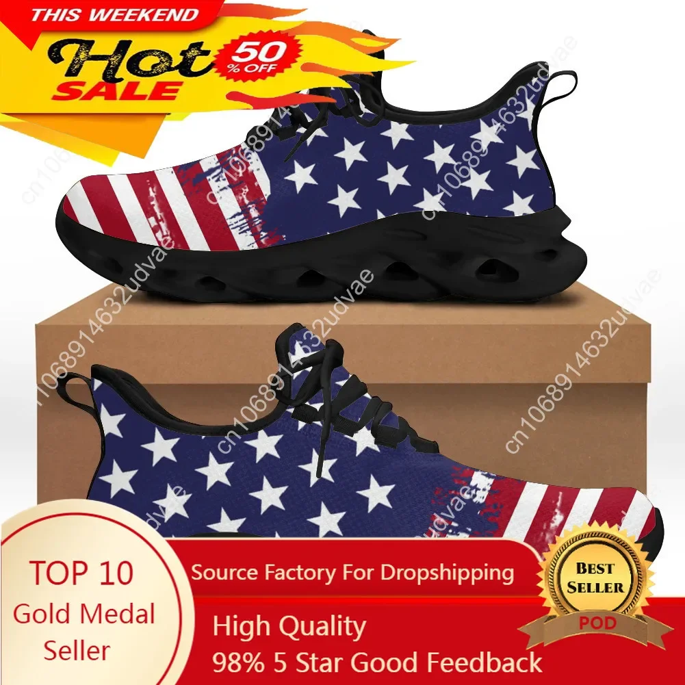 American Flag Design Sneakers Women Unisex Patriotic US Lace-Up Shoes Spring Travel Knit Hiking Sneakers Daily Flats