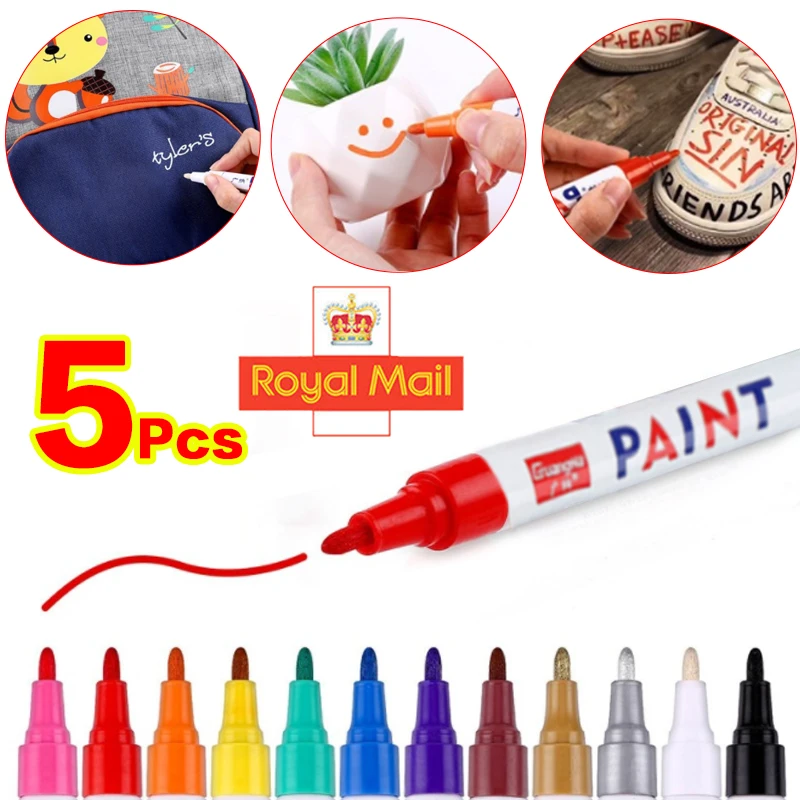 5x Acrylic Paint Marker Pens Permanent For Glass Plastic Fabric Stone Wood Car