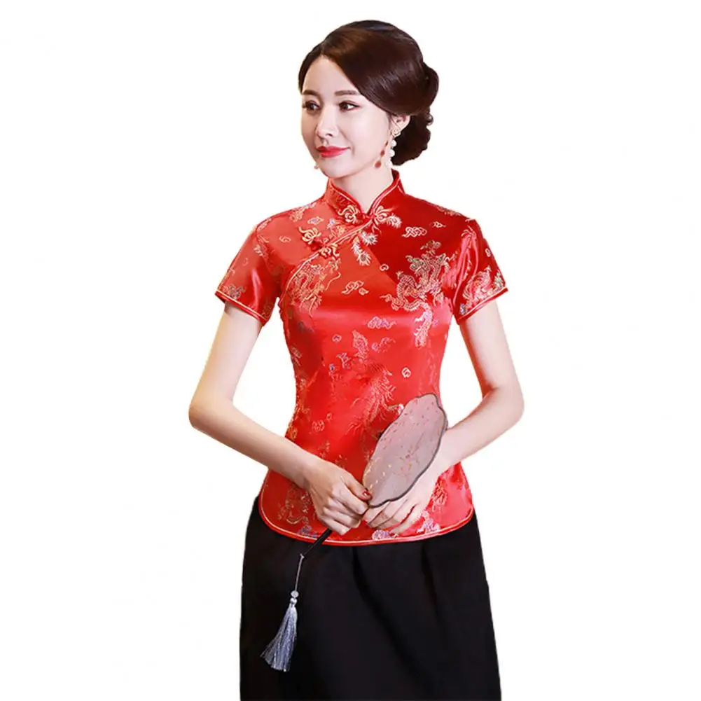 Camisa Cheongsam estampada Dragon Phoenix feminina, blusa de gola alta para banquete, divisão lateral, blusa de verão e outono