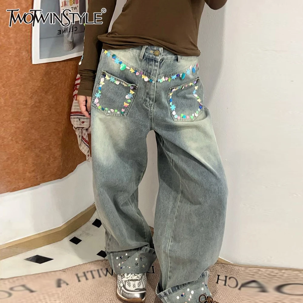 

TWOTWINSTYLE Colorblock Spliced Printed Trousers Female High Waist American Retro Women's Pants Fashion Summer New Fashion Style
