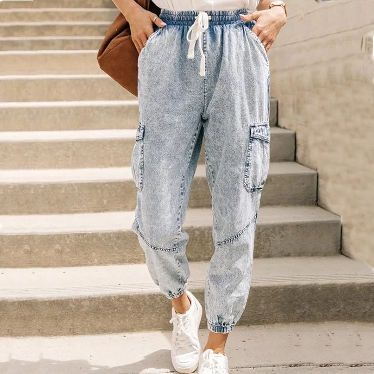 Women Jeans Bleached Lace-up Jeans Pants Ankle Length Elastic High Waist Fashion Sexy Summer Denim Pants