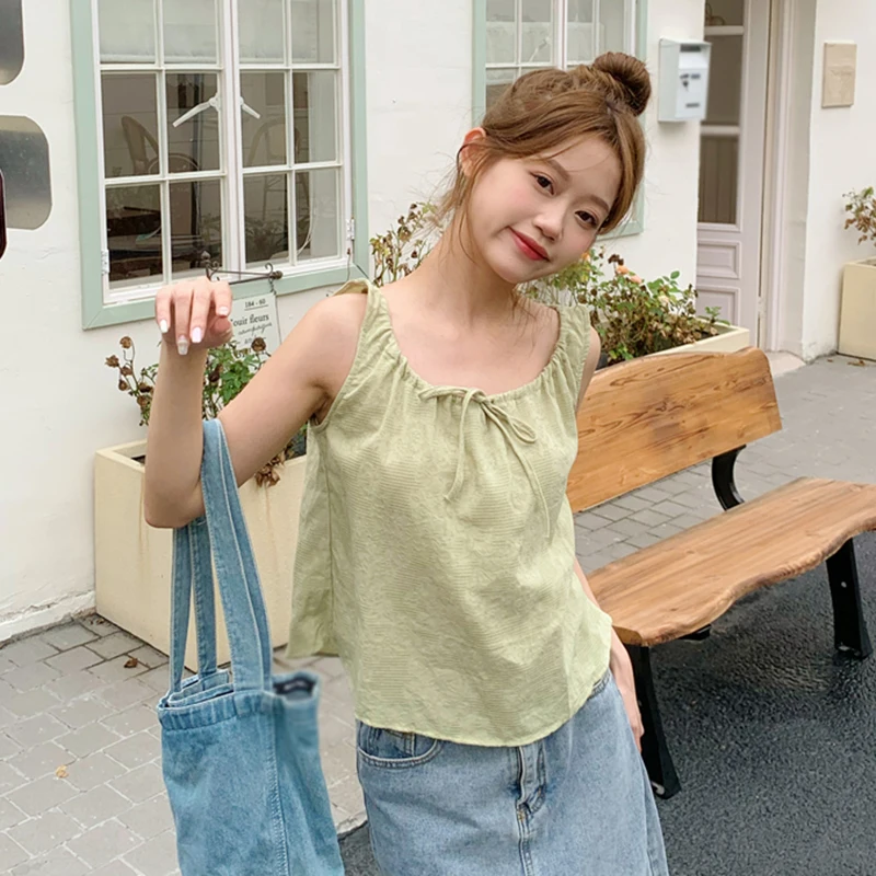 Summer Women's Casual Sweet Fashion Versatile Camisole Drawstring Sleeveless Tank Tops Solid Colour Korean Version