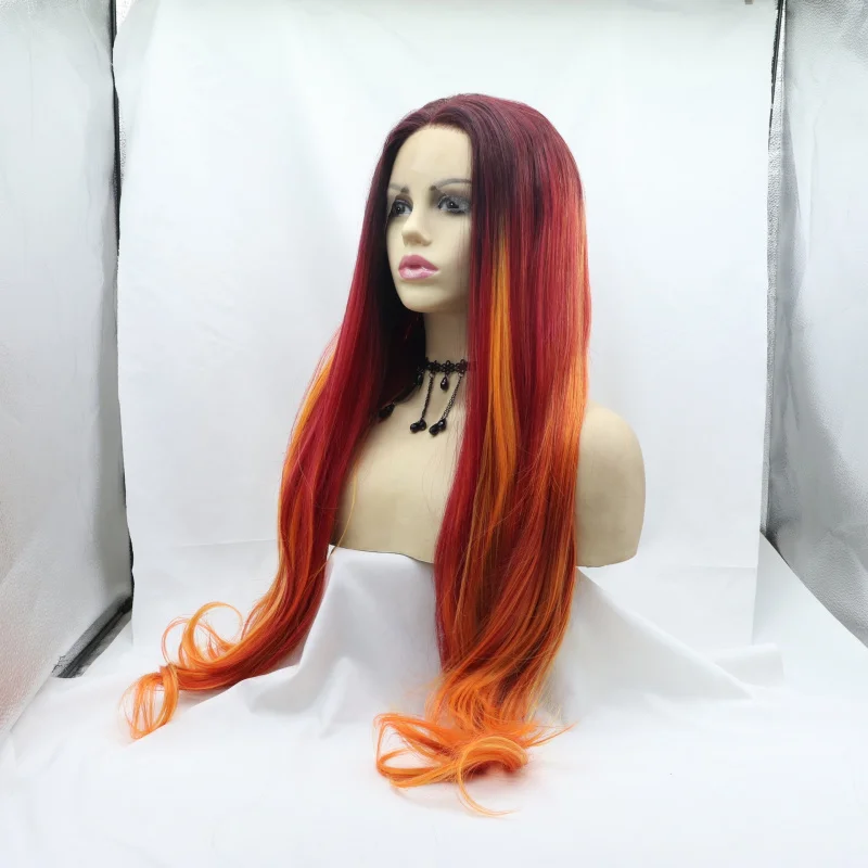 Synthetic fiber front lace wig, Japanese silk, women's long curly hair, gradient color, large waves, hand-woven headpiece