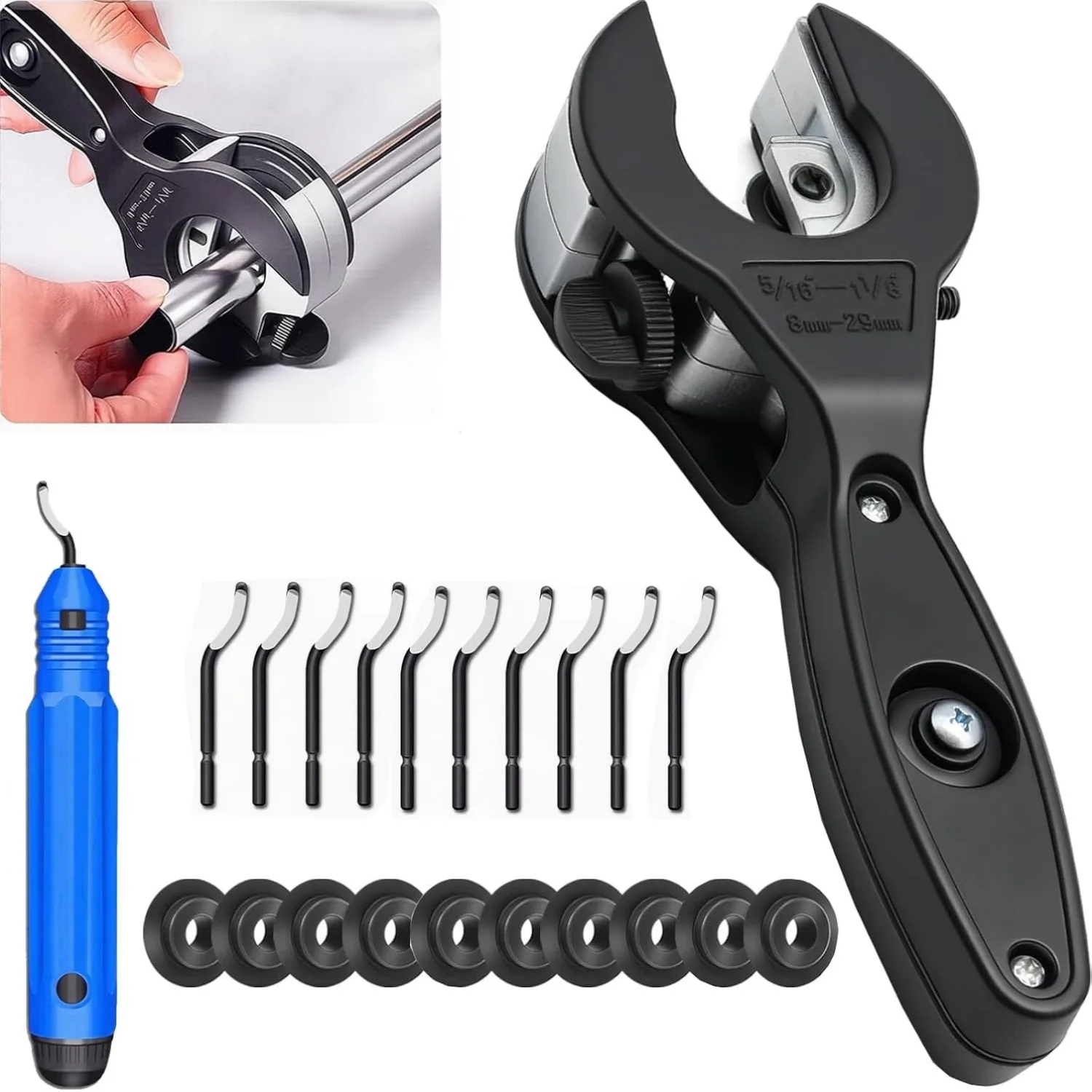 Ratcheting Tubing Cutter with 10PCS Blades and Deburring Tool with 11PCS BS1010 Blades for Copper Brass Aluminum PVC PPR Tube