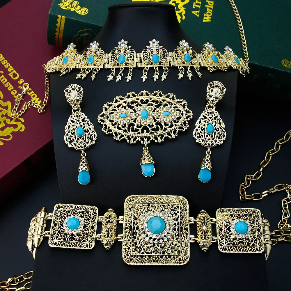 

Sunspicems Gold Color Morocco Bride Jewelry Sets Caftan Waist Belt Brooch Long Drop Earring Women Hair Jewelry Forhead Chain Set