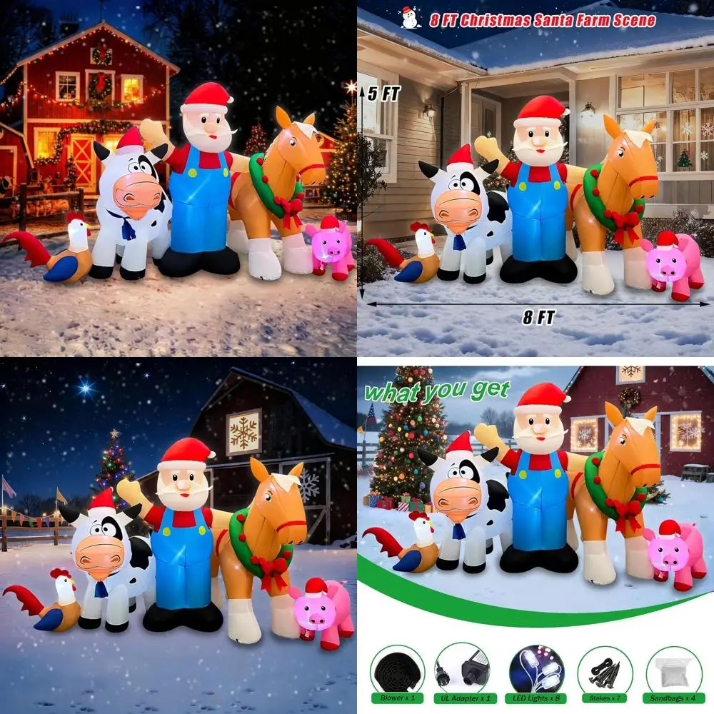 

Надувной Санта-Клаус со светодиодной подсветкой, лошадью, свиньей, коровой и петухом - рождественское украшение сцены фермы для отдыха на открытом воздухе и в помещении