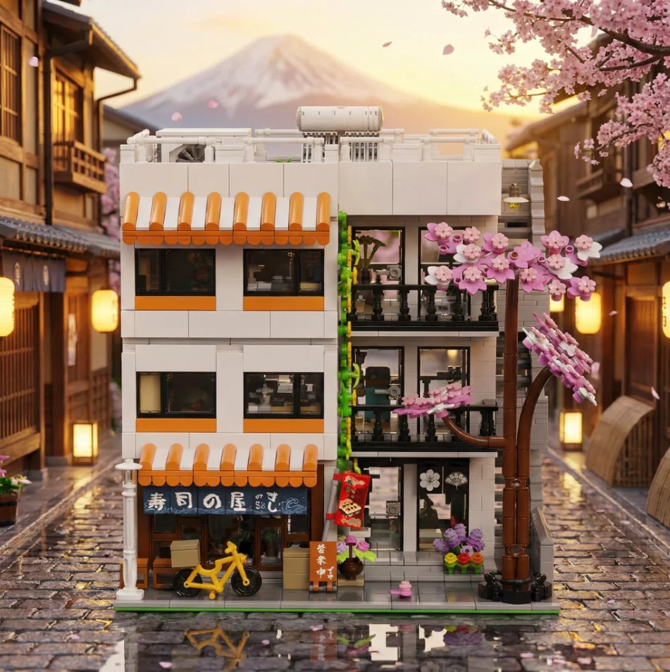 3911PCS Sushi Shop Apartment Building Blocks Set Japanese Street View House Cherry Blossom Architecture Modular Model Kit with 5 Figuren and LED Lighting DIY Assembly Bricks Toys for Adults Gift Desktop Ornament Collection Display Home Decortion