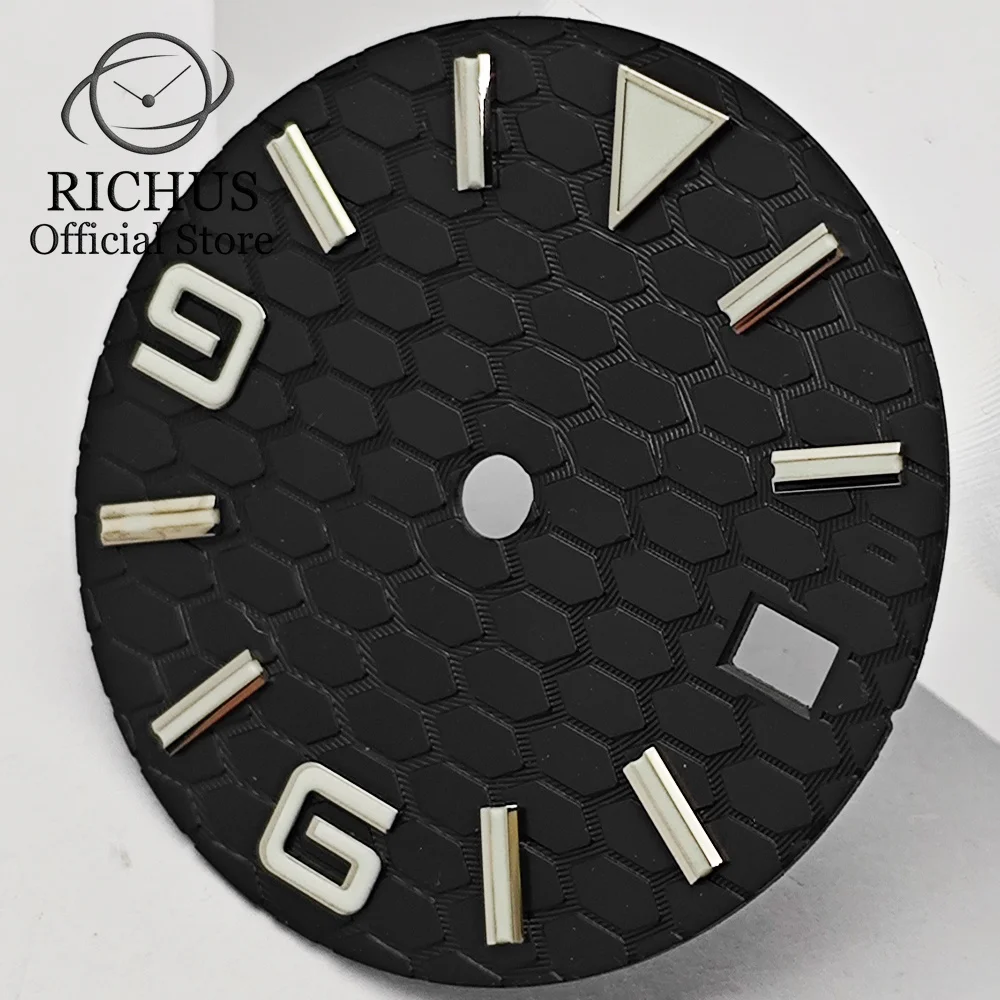 RICHUS 28,5 мм, черный, белый, синий циферблат для часов, сине-зеленый, светящийся, подходит для NH34 NH35 Miyota82 DG, аксессуары для часов с механизмом, детали RICHUS 28,5 мм, черный, белый, синий циферблат для часов, сине-зеленый, светящийся, подходит для NH34 NH35 Miyota82 DG, аксессуары для часов с механизмом, детали