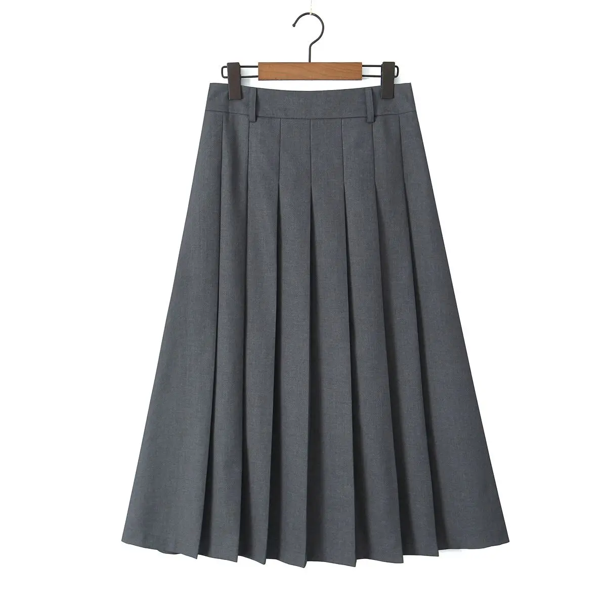 Commuter High Waisted A-Line Calf Length Pleated Skirt Plus Size Women Fashion Office Lady Grey Bottoms