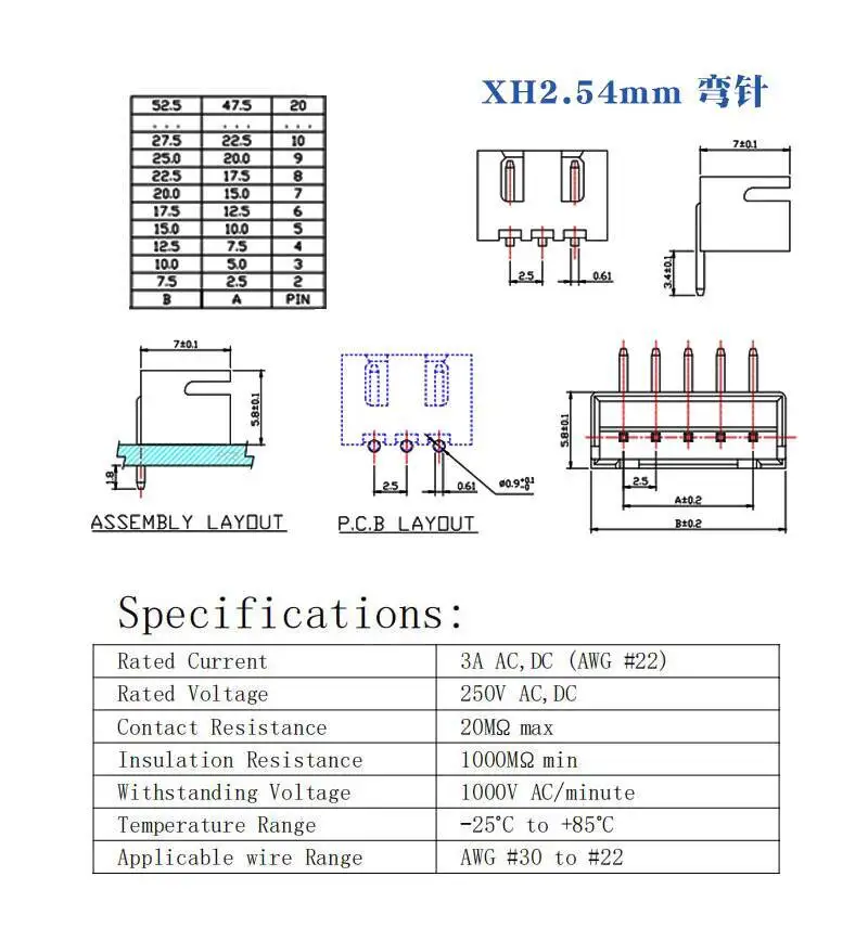 50 Stück XH2.54mm Steckverbinder 2P 3P 4P Gerade Steckbuchse Gebogener Weißer Anschluss 5P 6P 8P 10P 12P – Detail 2