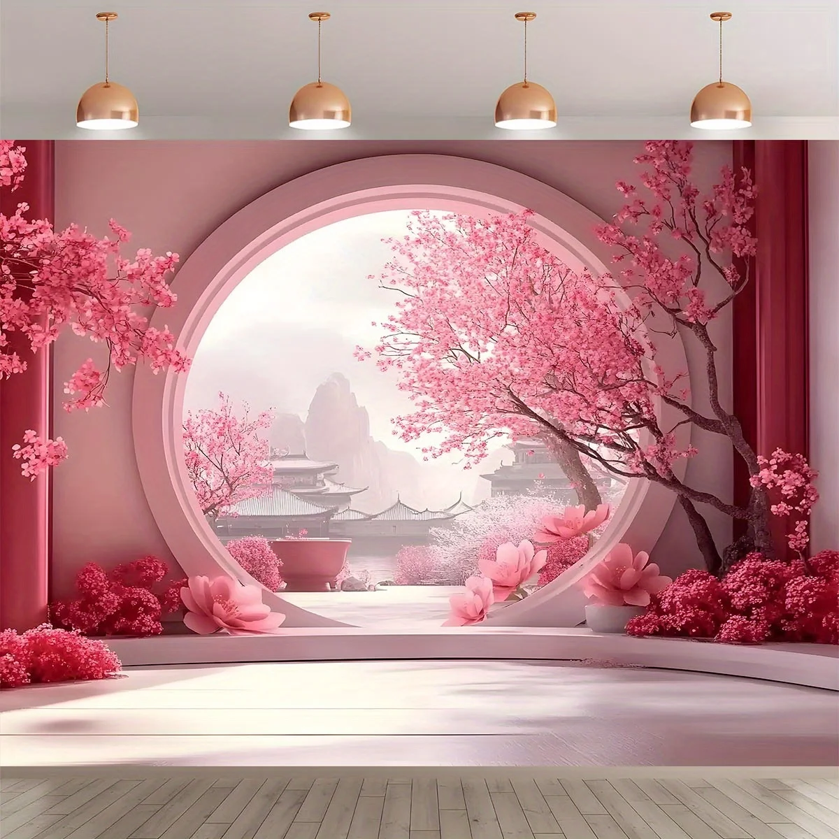 

Polyester cherry blossom background banner - versatile decoration for gardens, parties, home decor, and photo walls