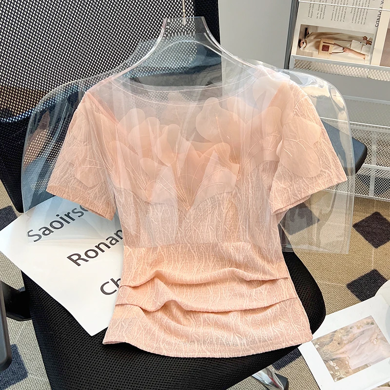 2024 Summer New O Neck Short Sleeve Solid Color Mesh Simple Elegant T-shirt Women