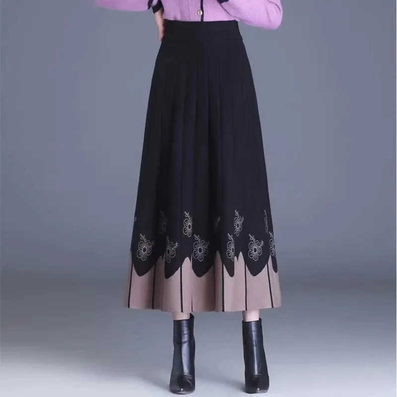 女性の秋冬 A ラインスカートハイウエスト弾性ウエストミッドレングスニットウール大スイングスカートセータースカート Mujer スカート