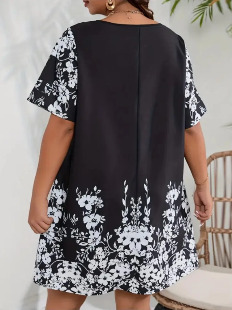 Fashion Print Loose Dress For Women Casual Short Sleeve V Neck Pullover Dresses Lady Holiday Party Skirt Womens Clothing Summer