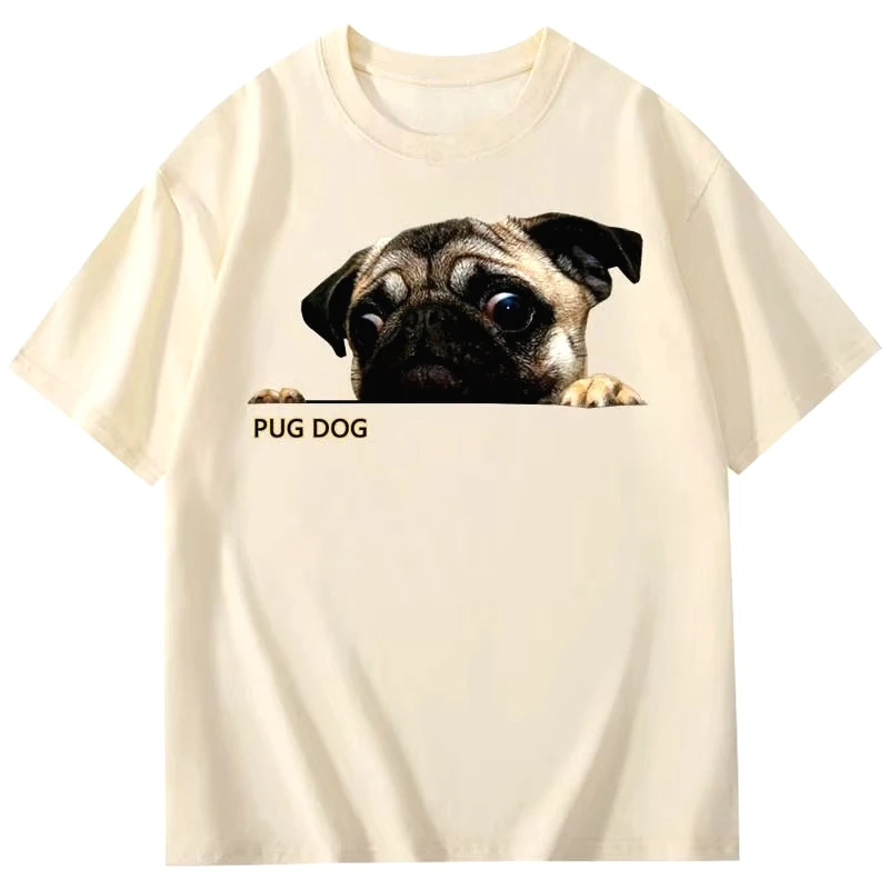 2026년 신상품 마이나 퍼그 강아지 패턴 반려견 프린트 여성용 루즈핏 반팔 트렌디 캐주얼 티셔츠 O넥 편안한 상의