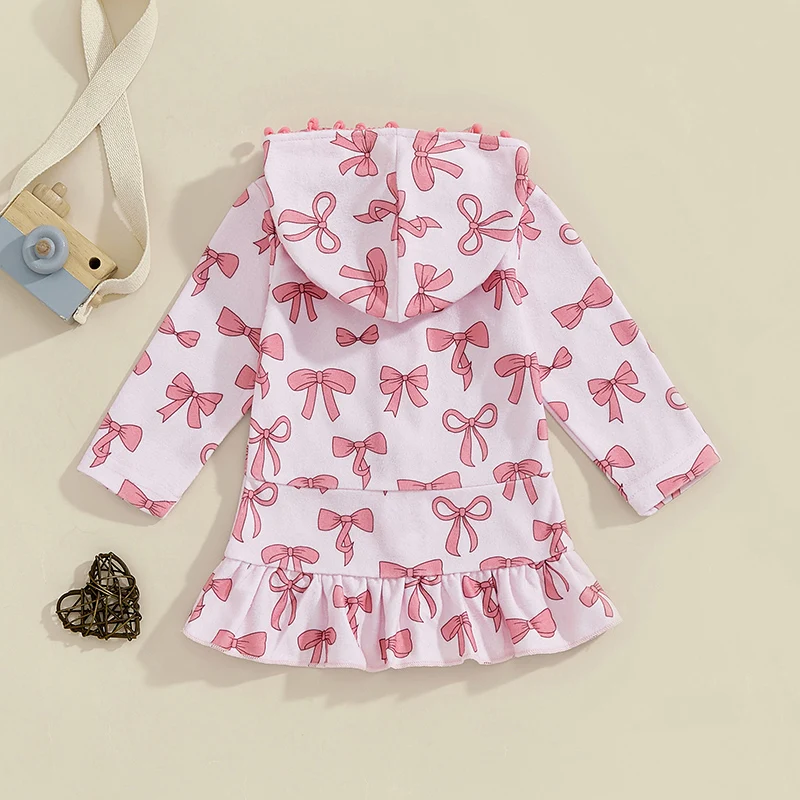 2-8Years Kids Girls Beach Robe Long Sleeve Hooded Zipper Bow Print Cover Ups Swimsuit Dress Summer Toddler Infant Swimwear  ﻿