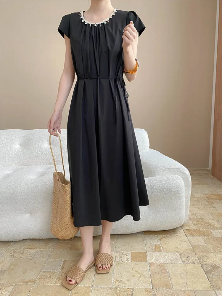 Sukienka damska letnia w stylu świątecznym 2025, codzienna, plażowa, jednolita, z koralikami, okrągły dekolt, krótki rękaw, midi, boho, vestidos