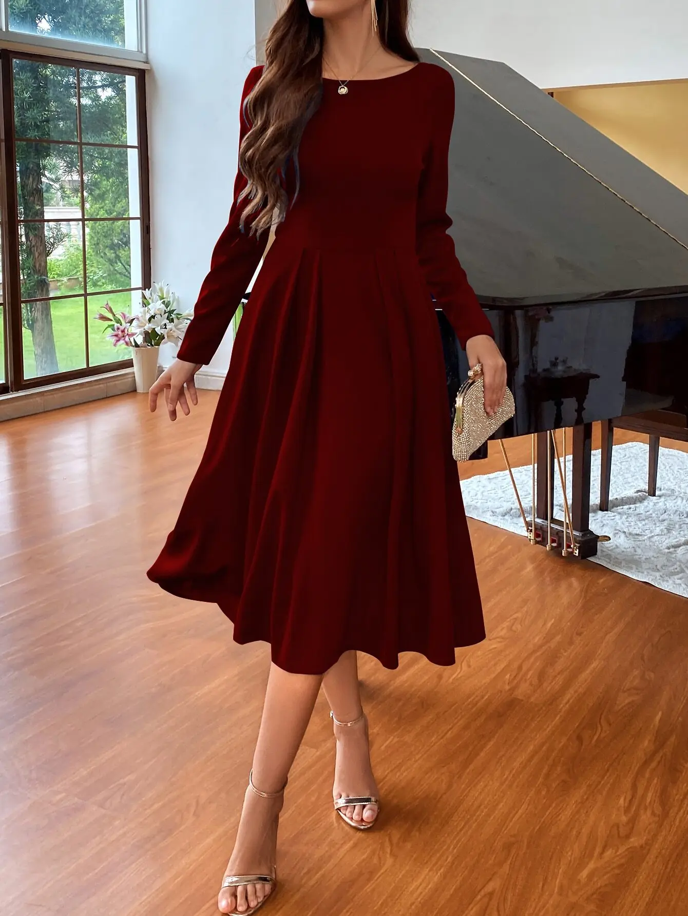 

Sleeve Round Neck Waist Seam A-Line Simple & Elegant Women Dress For Christmas & New Year Burgundy