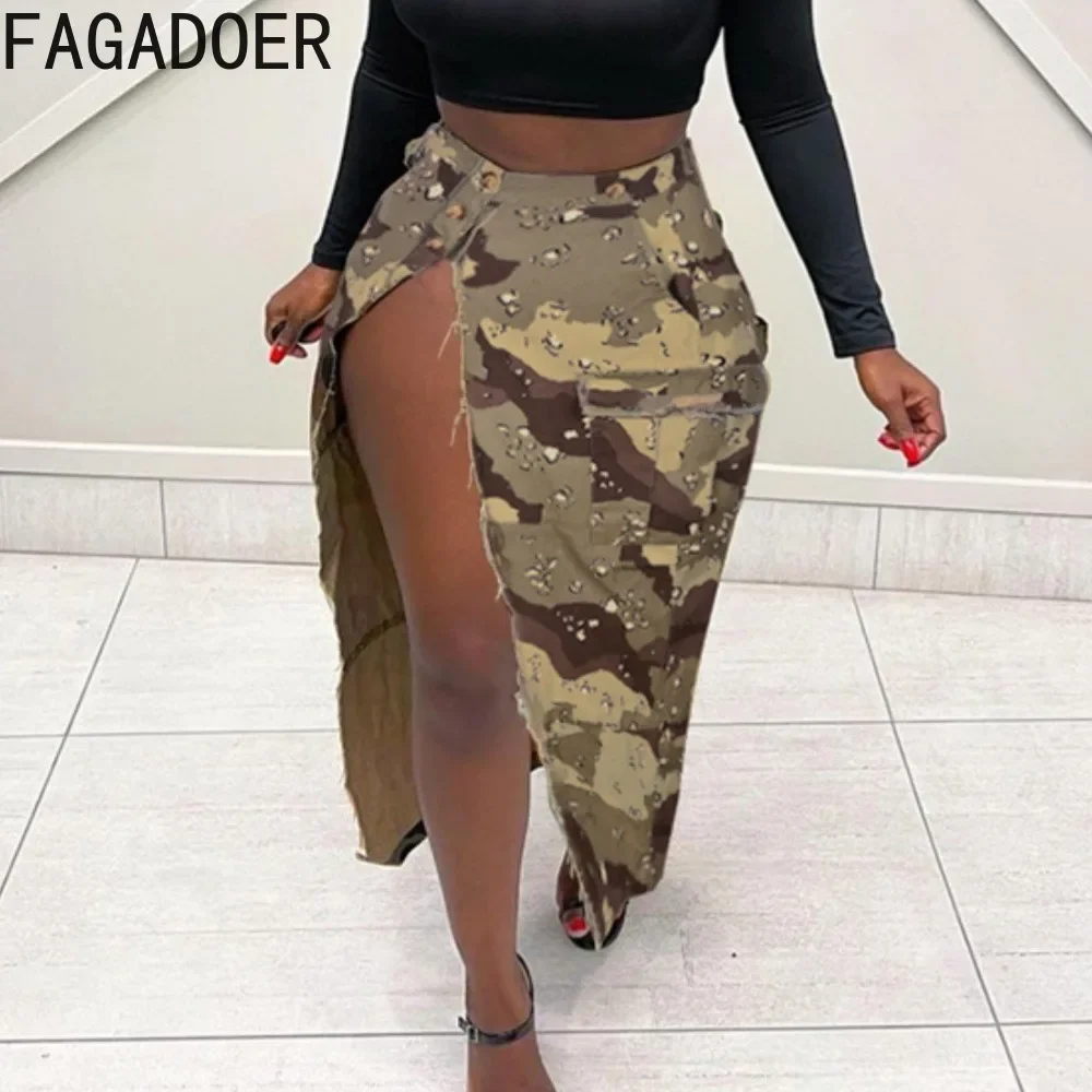 FAGADOER Fashion Camouflage Printing Denim Skirts Women High Waisted Button Side Slit Mid Skirts Casual Matching Bottoms Clothes