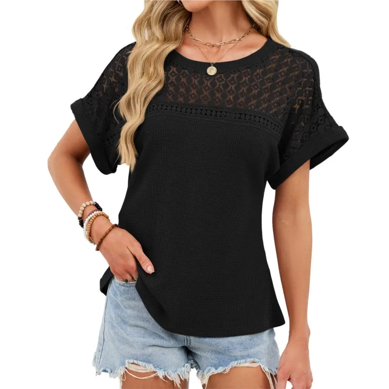 2026 Spring And Summer New Round-neck Top Women's Daily Commuting Lace Stitching Loose Casual Solid Color Short-sleeved T-shirt