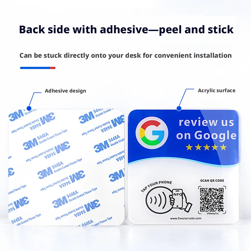 Acrylic Google Review NFC Tag NTAG215 Tap To Use Editable Dynamic QR Code 1.8mm Thick Vertical Stand Surface