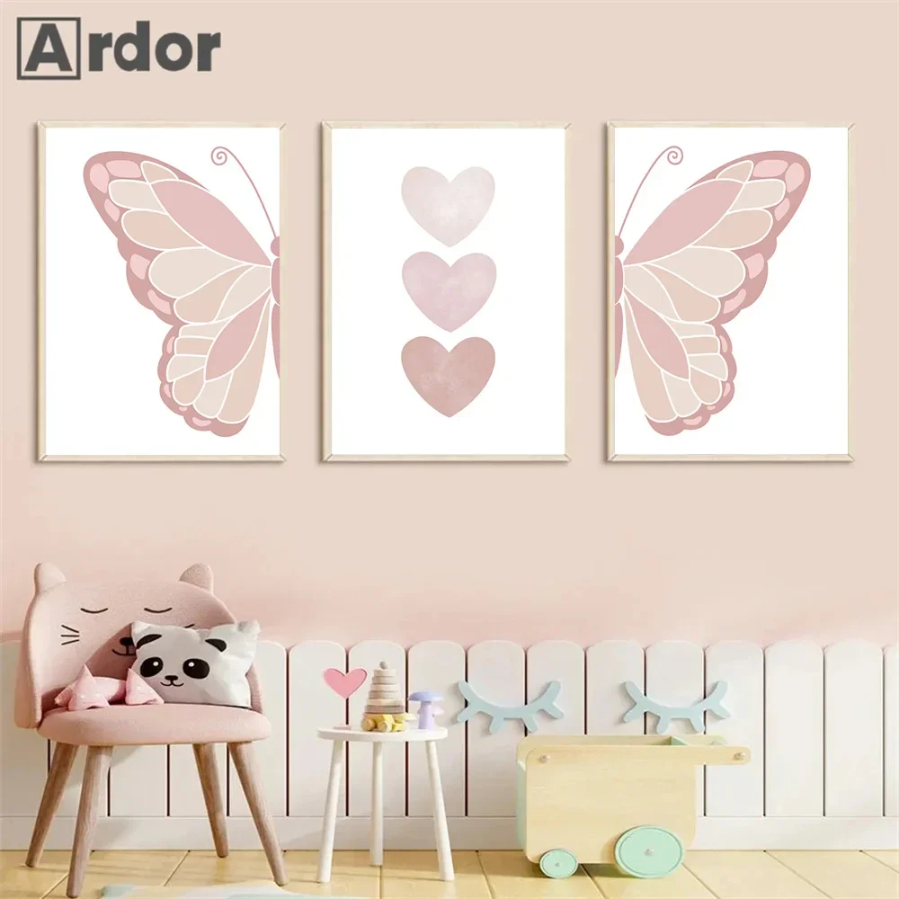 Pink Sun Heart Rainbow Butterfly Posters Canvas Painting Cloud Moon Wall Art Print Pictures Nursery Poster Baby Girls Room Decor