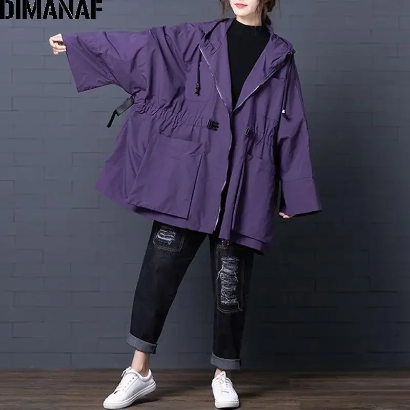 DIMANAF Women Jackets Coats Vintage Lady Outerwear Loose Long Sleeve Hooded Clothing Plus Size Trench Coat 2024 New