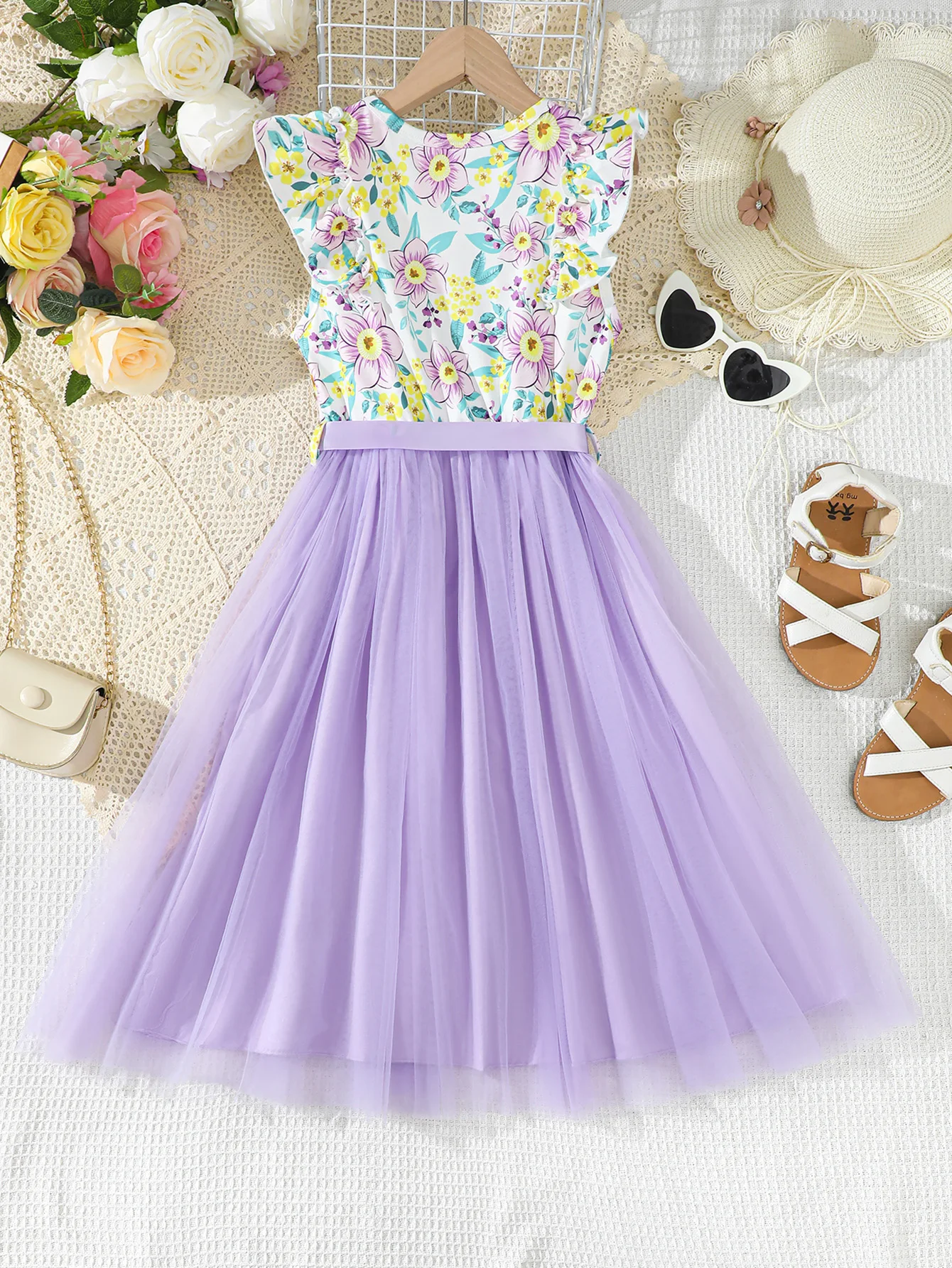 Summer Dress For Big girl Flower Dress  Ruffle Splice Gauze Sleeveless Dress One Piece Princess Dress Purple