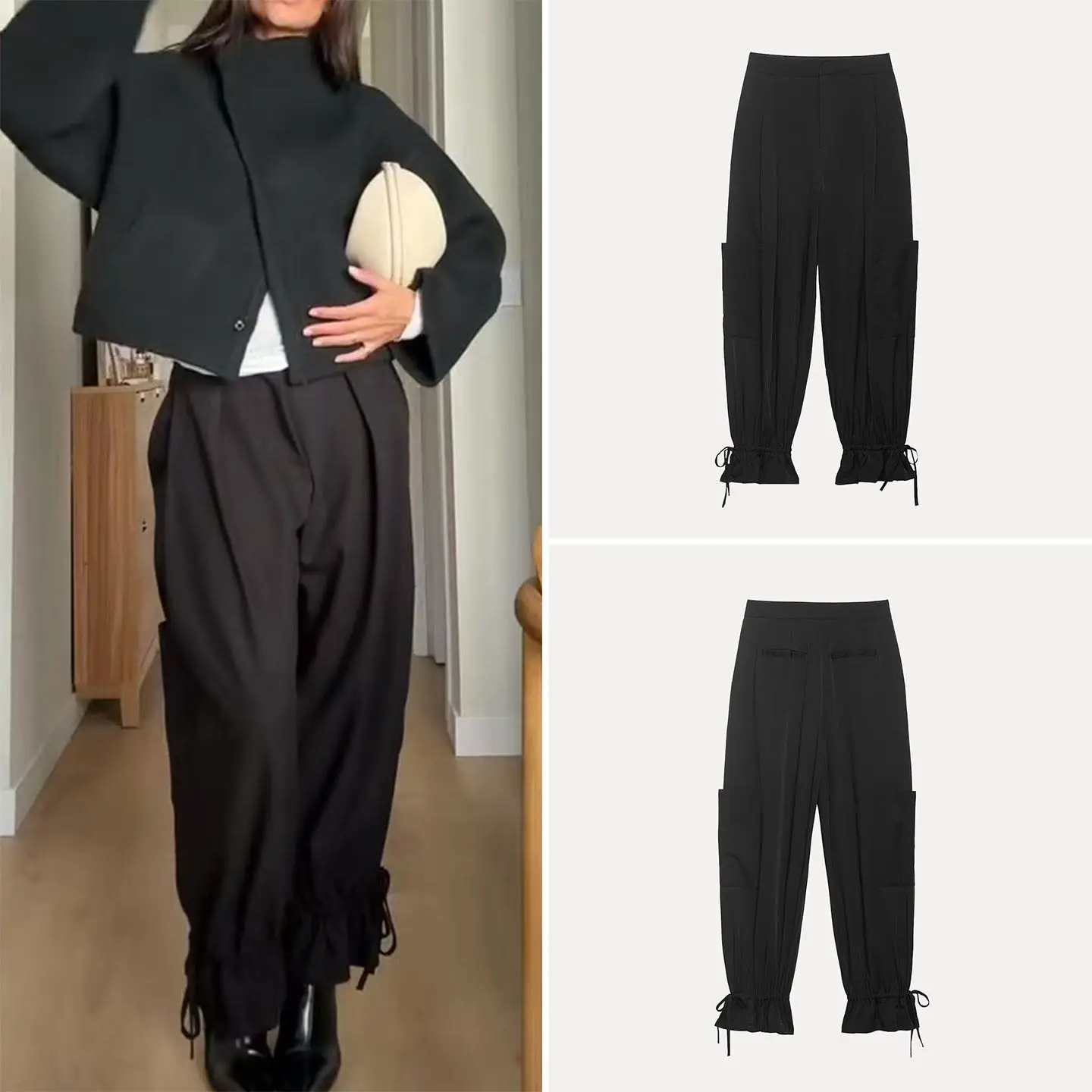 

Модные свободные черные брюки с широкими штанинами и кружевной отделкой по низу, женские, весна 2026, с завязками и поясом, повседневные, элегантный стиль