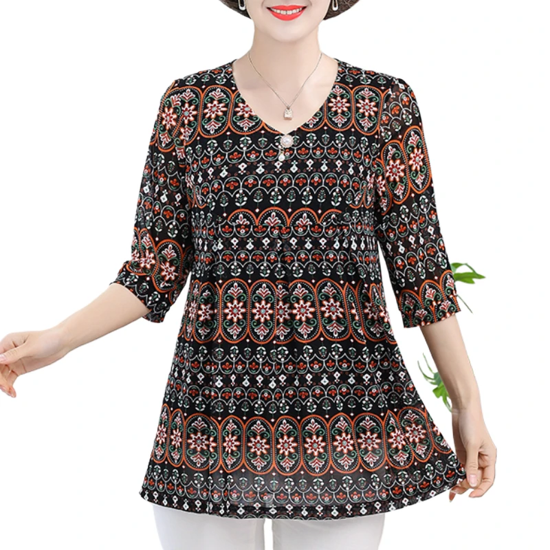 Women\'s Nordic Decorative Style Blouse Short sleeved Summer Short sleeved Classical Print Plus Size Top Elegant Loose Clothing