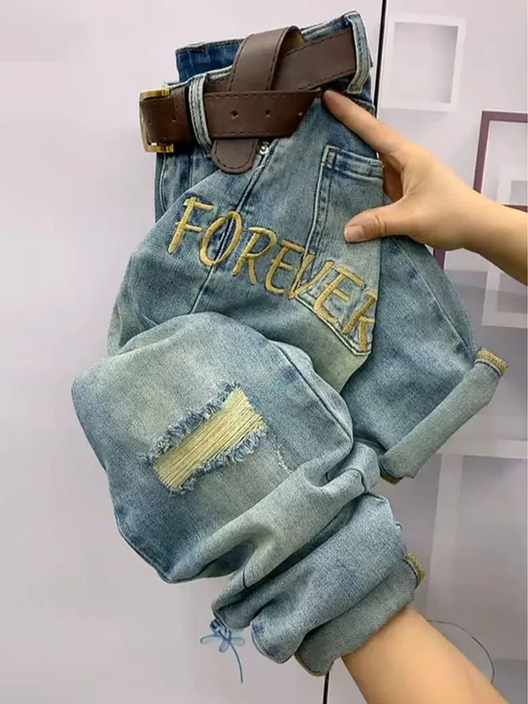 

High Waist Harlan Denim Jeans Women's Spring Summer New Sle Letter Large Size Loose Versatile Slimming Dad Pants