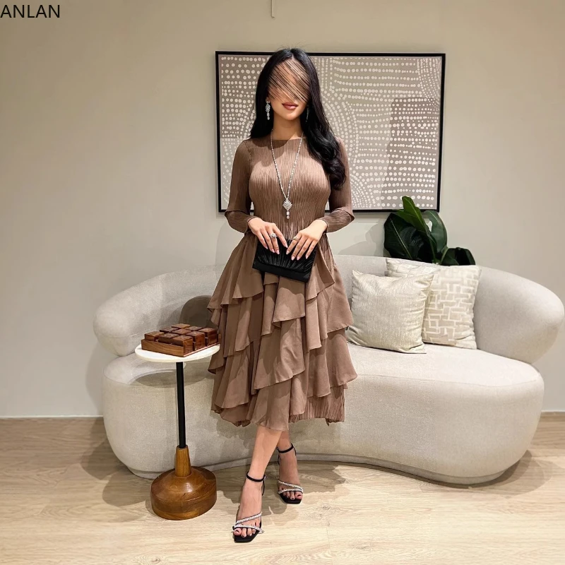 ANLAN Elegant Pleated Long Dress For Women Round Neck Long Sleeves Ruffles A-line Dresses Fashion 2025 Spring New 2AN6209