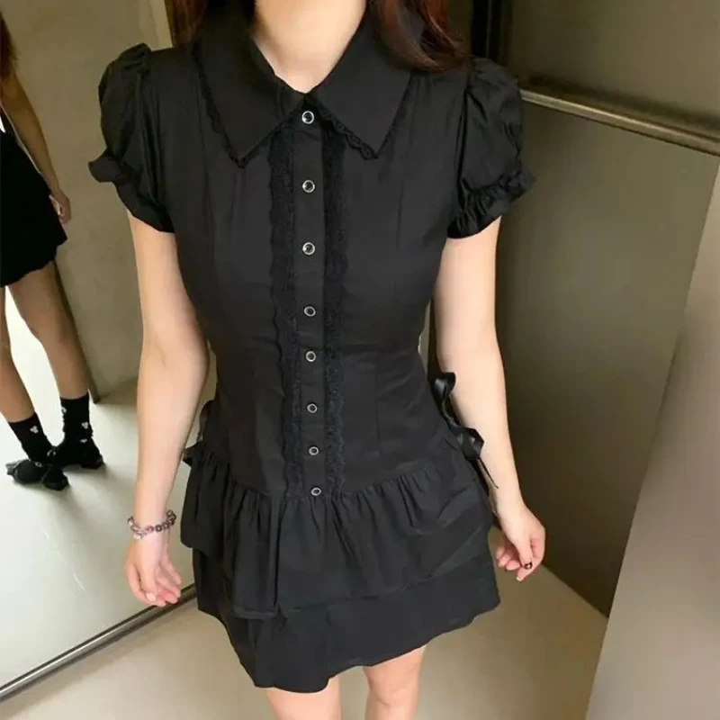 Y2k vintage camisa de renda preta vestido para mulheres cintura fina vestidos all-match 2025 verão nova manga curta vestidos de mujer