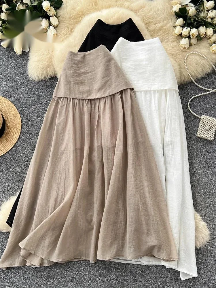 Simple Lazy Linen Skirt Summer Ladies Elegant Solid Patchwork A-line Korean Style Commuting Low Rise Long Skirt