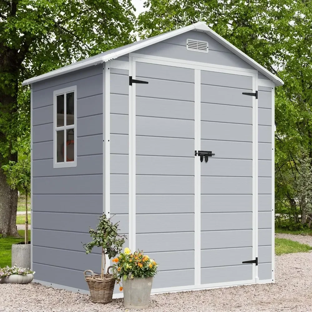 Outdoor Storage Shed, 6 x 4 FT Resin Shed with Floor and Lockable Door, Plastic Garden Tool Outside Sheds