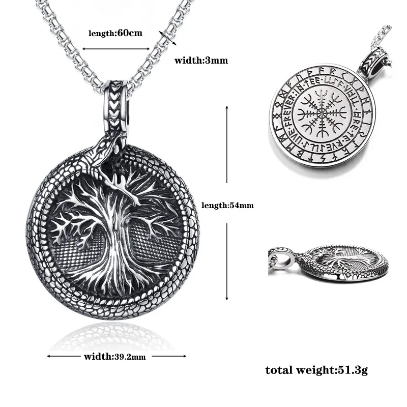 Nordic Yggdrasil Viking Tree of Life Pendant Necklace Stainless Steel Viking Ourobles Necklace Men Vintage Fashion Charm Jewelry