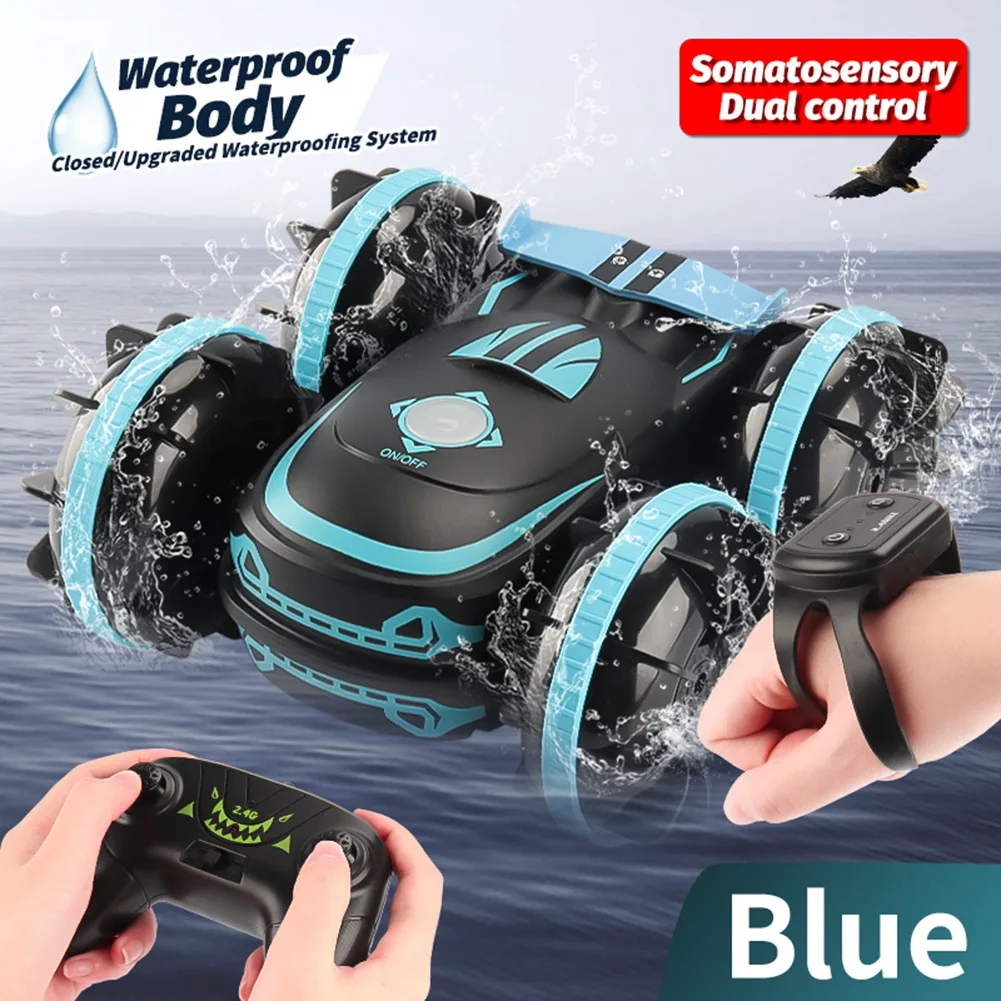 AS96-RC Stunt Car 4WD Watch Gesture Sensor Control Deformable Car Auto-Demo هدية عيد ميلاد - أزرق