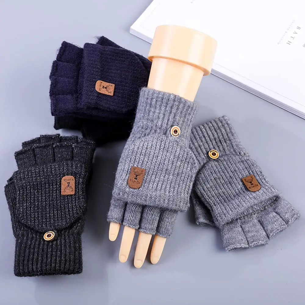 

Men Knitting Fingerless Gloves Half Finger Jacquard Exposed Finger Touch Screen Mittens DIY Fashion Simple Knitted Flip Gloves