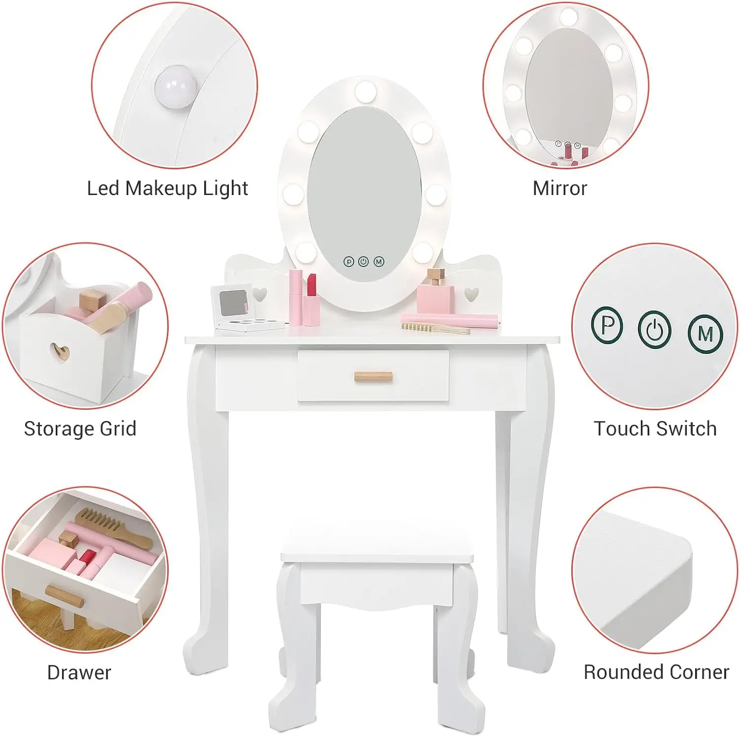 Kids Vanity with LED Mirror & Stool, Toddler Makeup Table Set, Princess Dressing Playset for Girls Bedroom, White, Customized